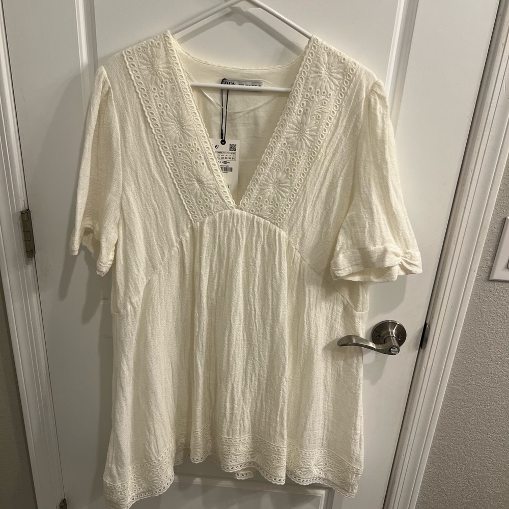 Zara Cream Smocked Dress with Short Sleeves
